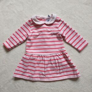Petit Bateau Dress Baby Girl 12Mo Red Pink Striped Long Sleeve Drop Waist Collar